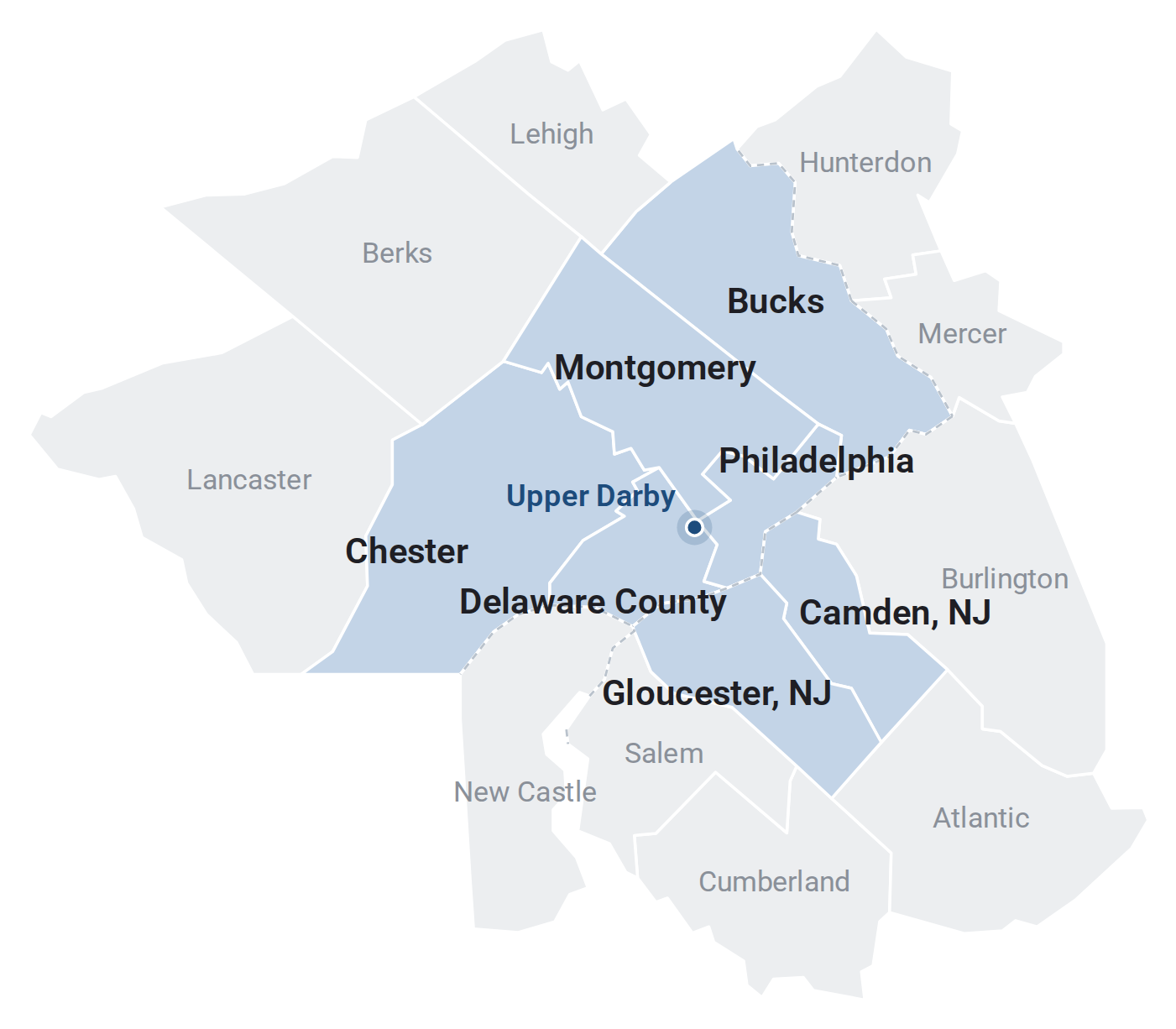 Map of the service area: Philadelphia, Delaware, Montgomery, Bucks and Chester counties in Pennsylvania and Camden and Gloucester counties in New Jersey